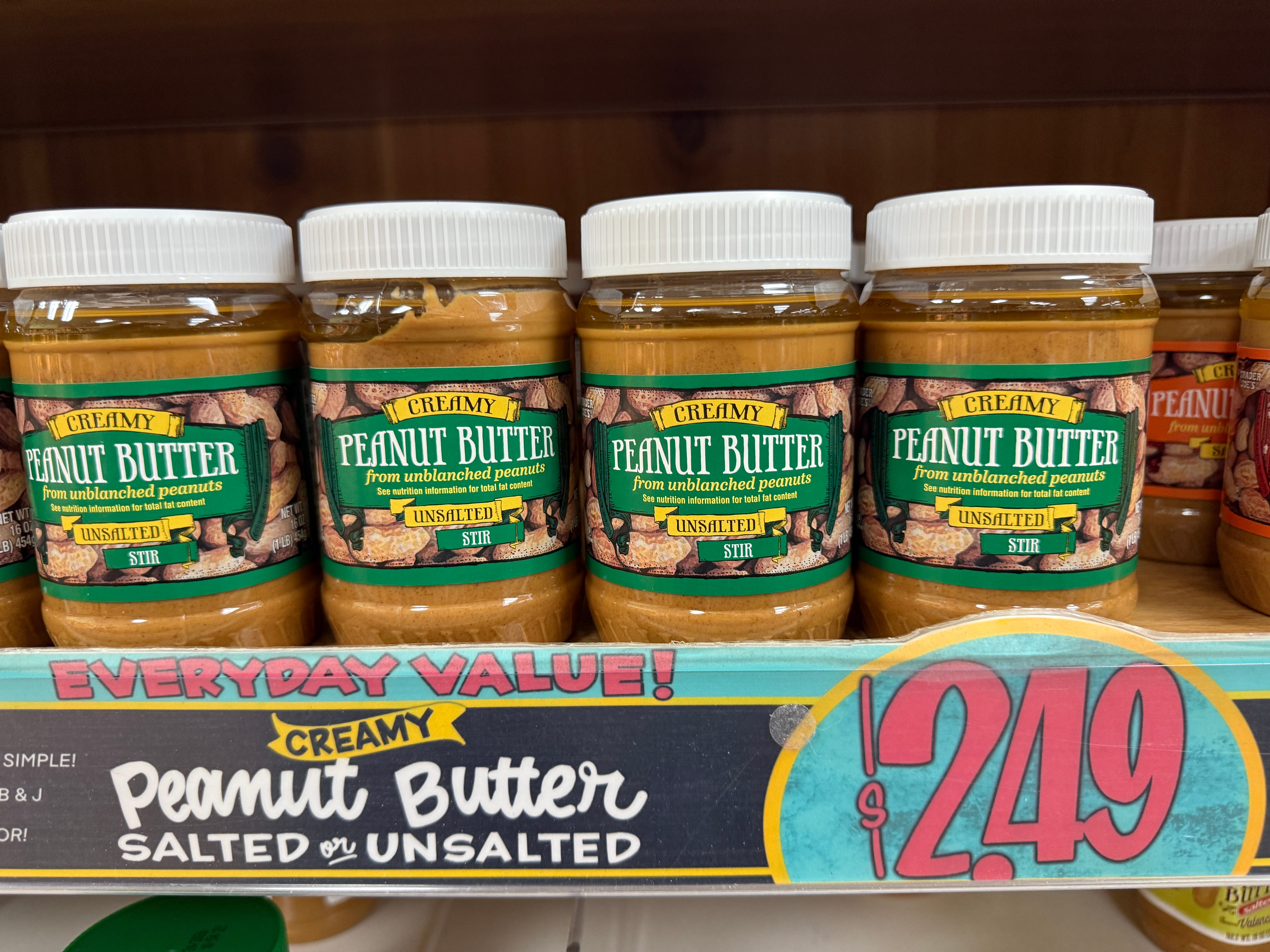 A display of peanut butter at Trader Joe's.