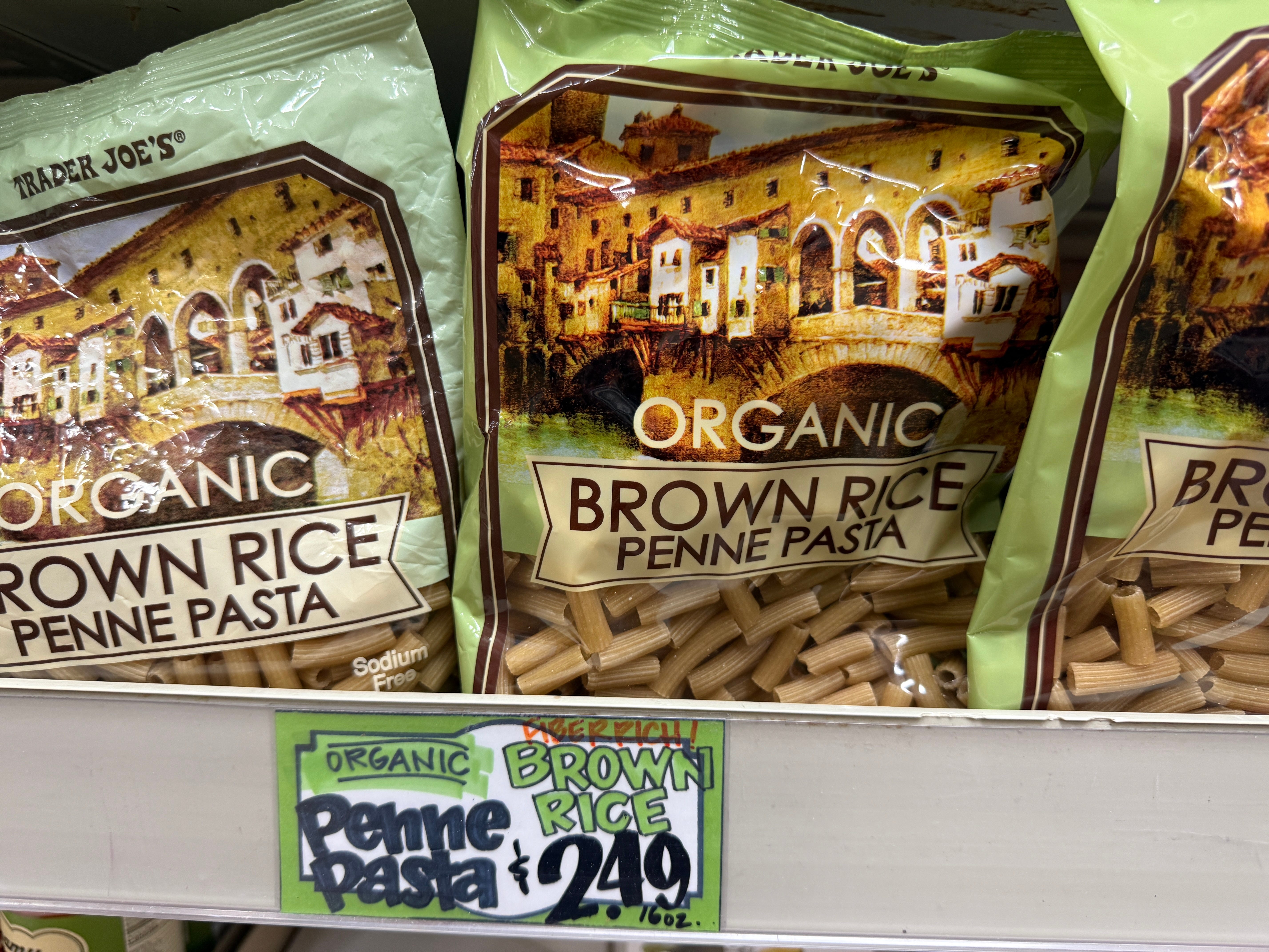 Organic brown rice penne pasta at Trader Joe's.