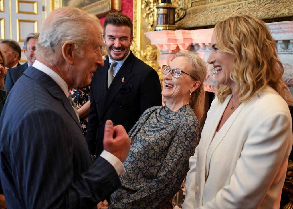 King Charles (from left) goofs around with David Beckham, Meryl Streep and Kate Winslet at the King’s Foundation Awards ceremony in London.