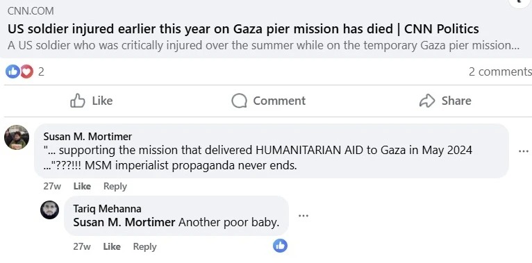 Screenshot of Facebook comments mocking the death of a US soldier who died while on a humanitarian aid mission in Gaza.