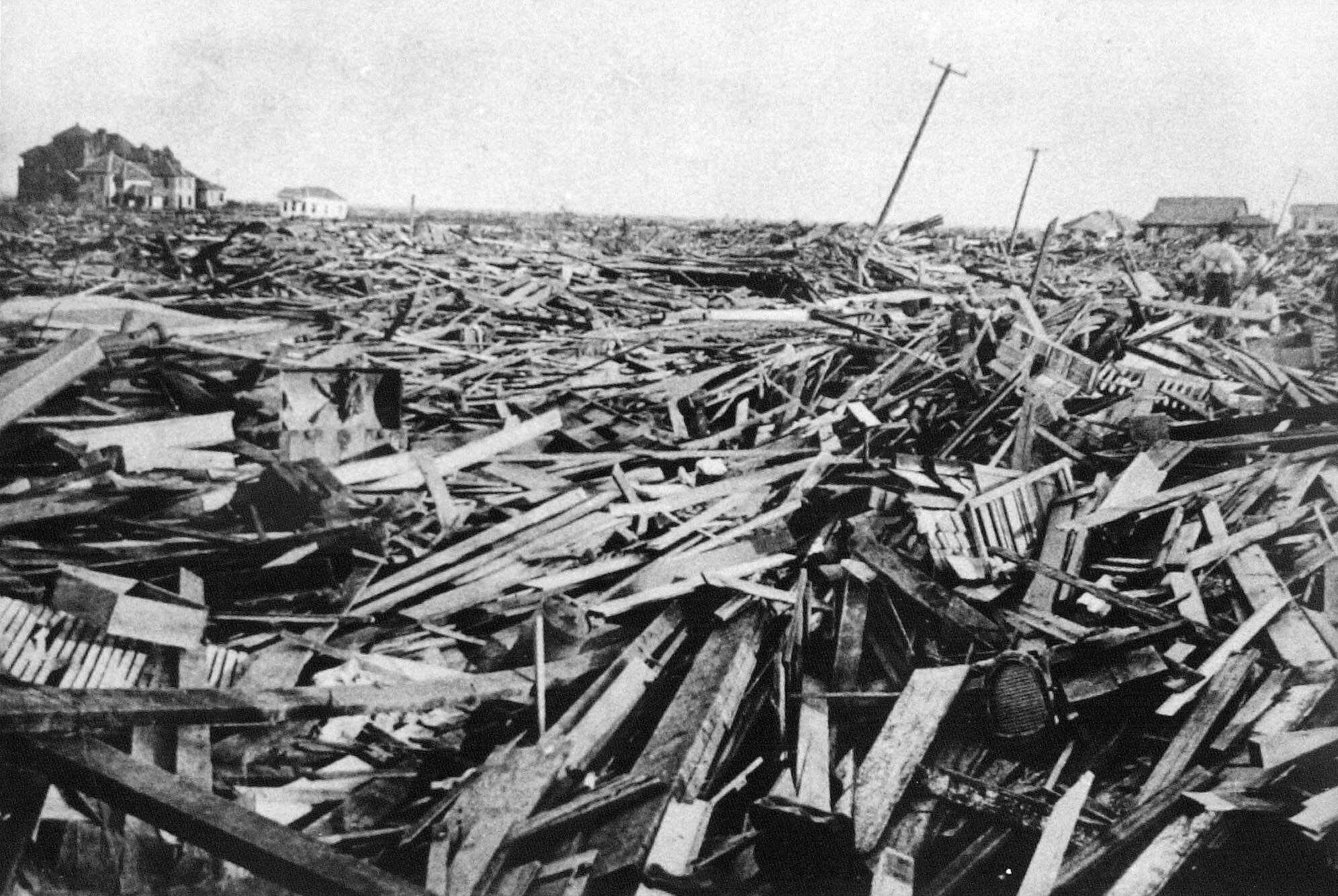 A black and white photo of the aftermath from the Galveston Hurricane in 1900.