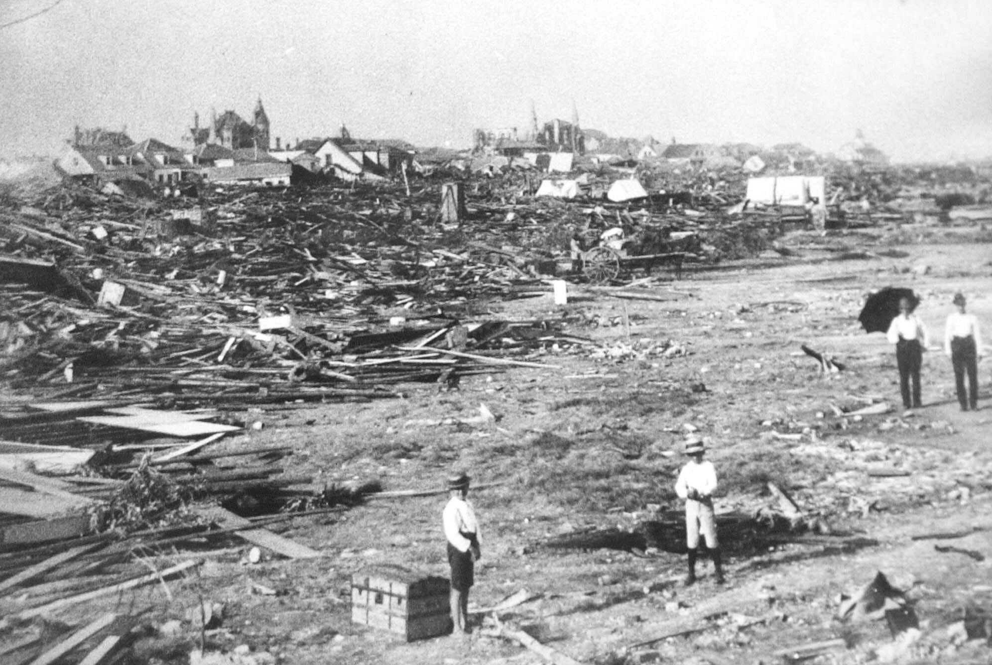 A black and white photo of the aftermath from the Galveston Hurricane in 1900.