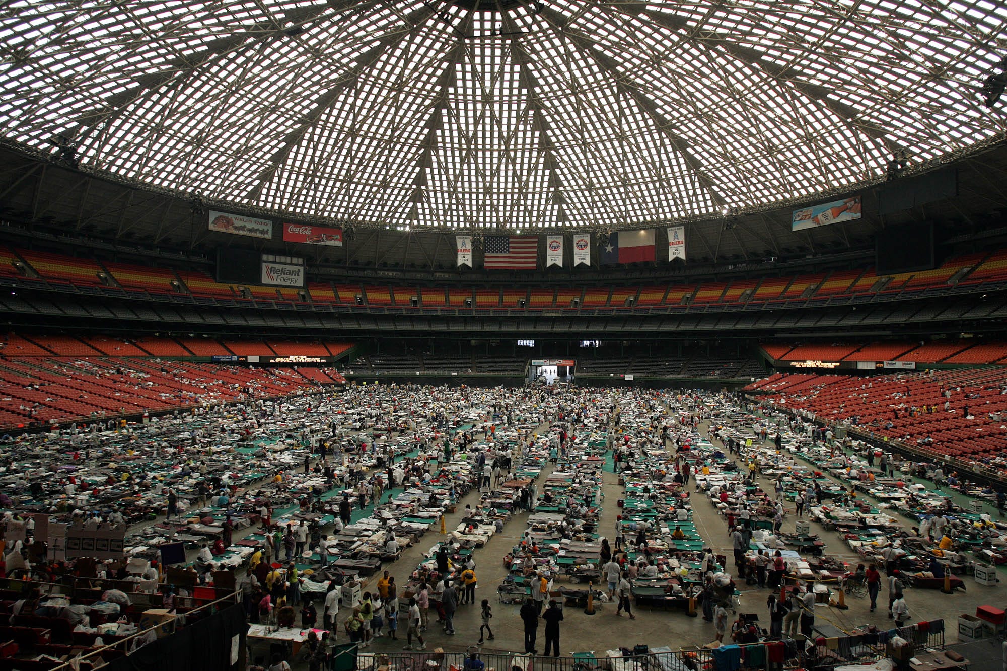The Superdome filled with people sheltering during Hurricane Katrina.