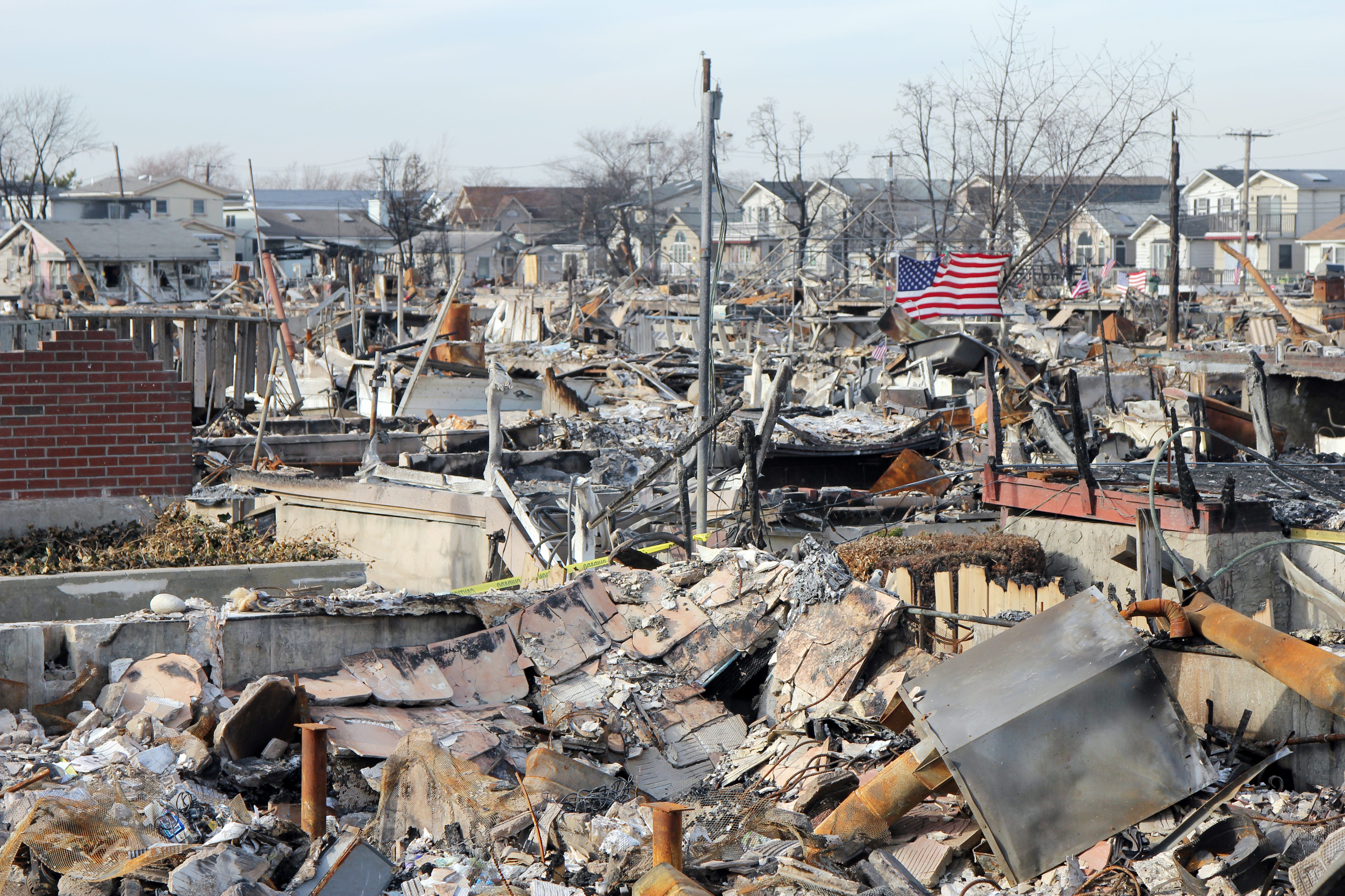 Burned houses in the aftermath of Hurricane Sandy.