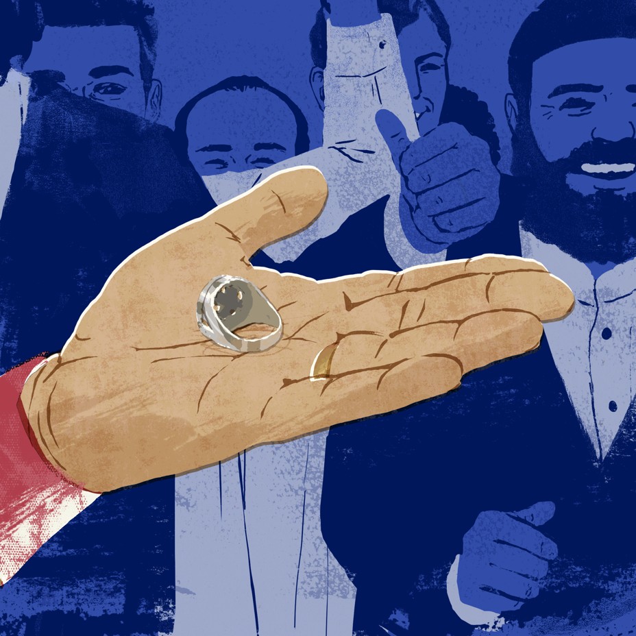 illustration of hand outstretched with palm up holding a silver ring, with smiling and cheering crowd in background