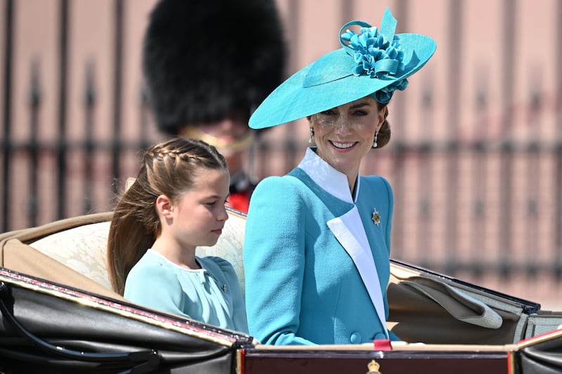 LONDON, UNITED KINGDOM - JUNE 14: Catherine, Princess of Wales, attends the Trooping the Colour 2025 parade in London, United Kingdom, on June 14, 2025. The ceremonial event marks the official birthday of the British Monarch, featuring more than 1,400 soldiers, 200 horses, and over 400 musicians from ten bands and Corps of Drums. (Photo by Rasid Necati Aslim/Anadolu via Getty Images)