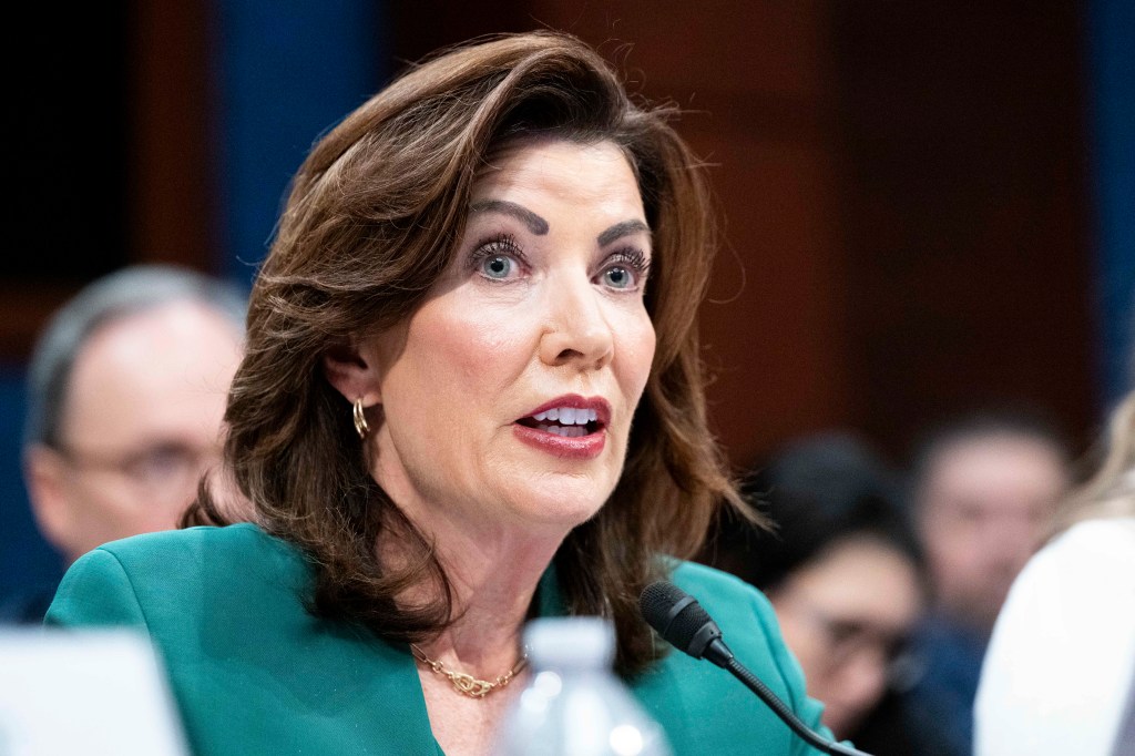 New York Governor Kathy Hochul speaking at a congressional hearing.