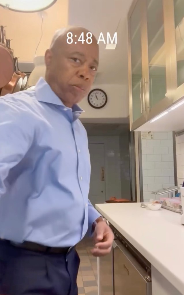 Mayor Eric Adams in his kitchen, preparing a smoothie.