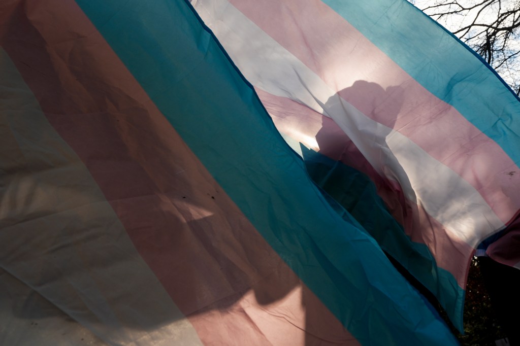 Shadow of a person silhouetted against a transgender pride flag.