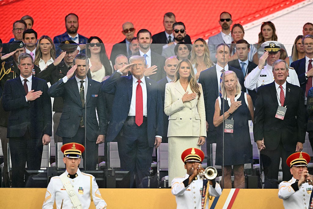President Donald Trump, first lady Melania Trump, and other Trump family members and White House officials at the US Army's 250th anniversary parade.
