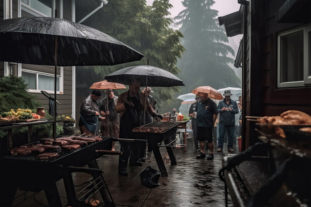 People grilling food under umbrellas in a rainstorm.