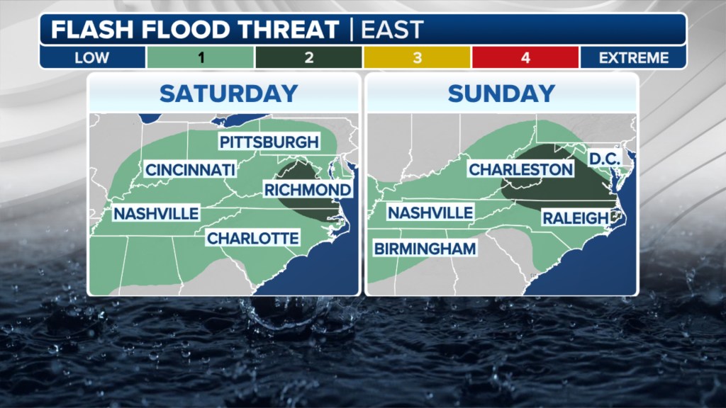 Weekend flash flood threat map for the Mid-Atlantic region.