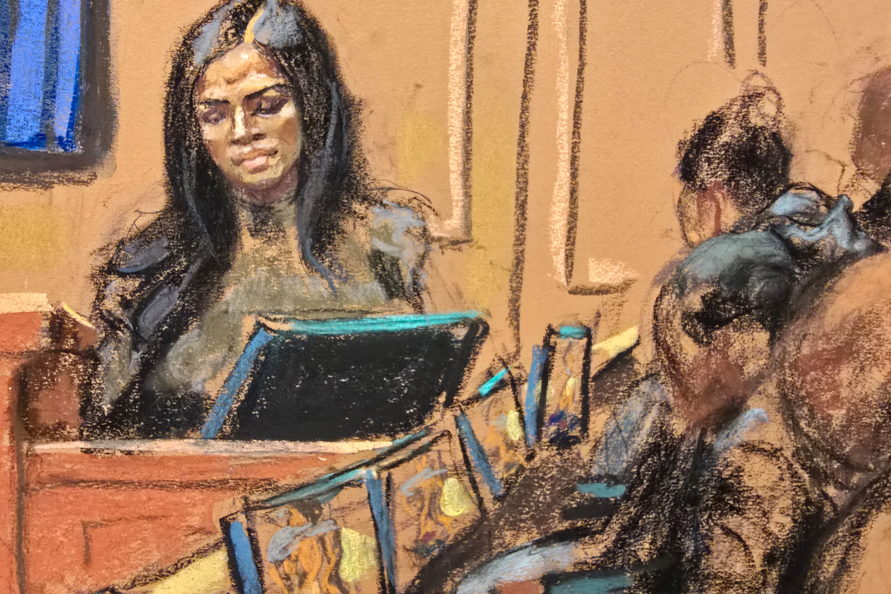 This sketch by a courtroom artist shows Cassie Ventura testifying at Sean "Diddy" Combs sex-trafficking and racketeering trial.