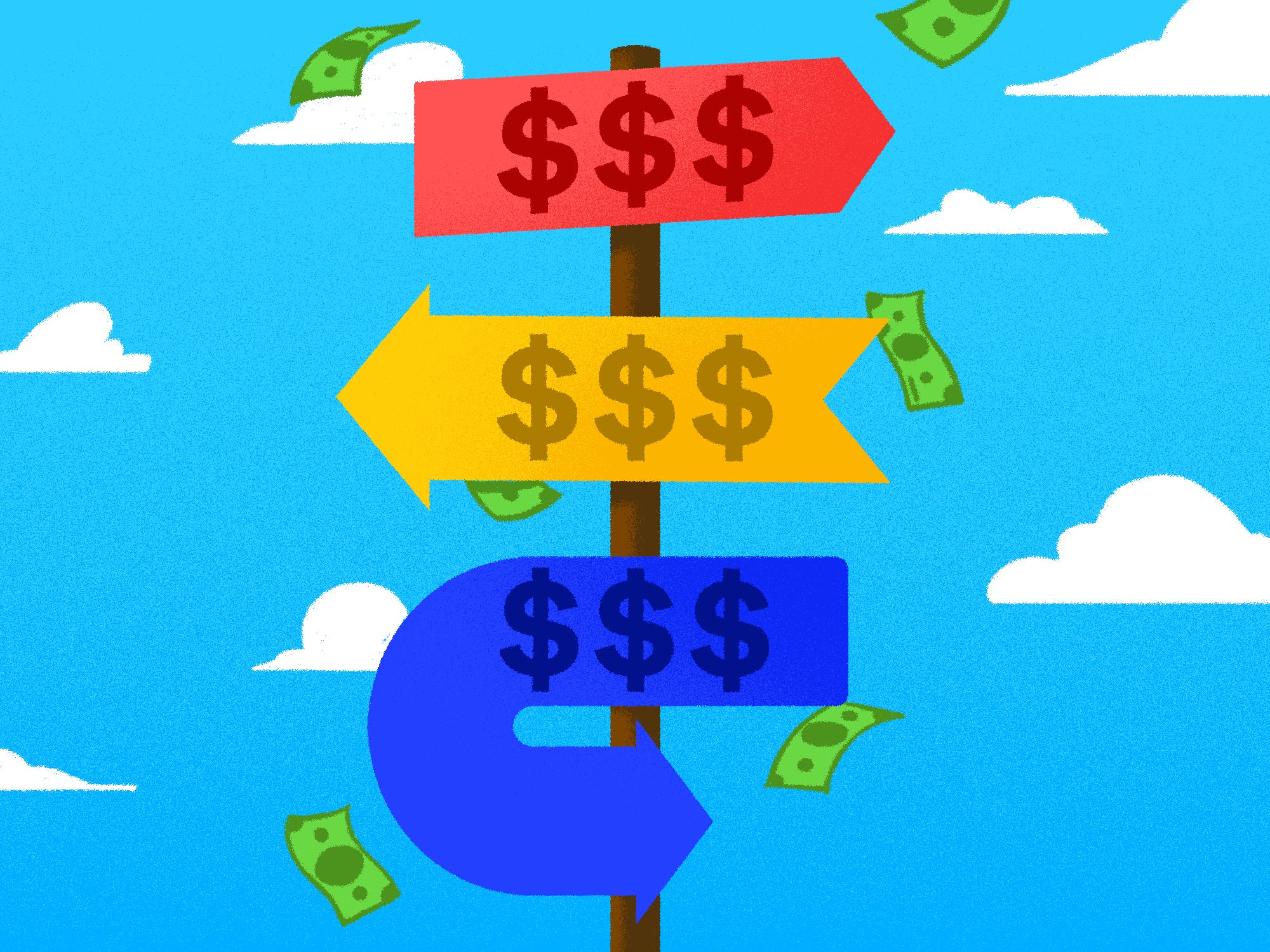 Directional signs with dollar signs and money falling around it