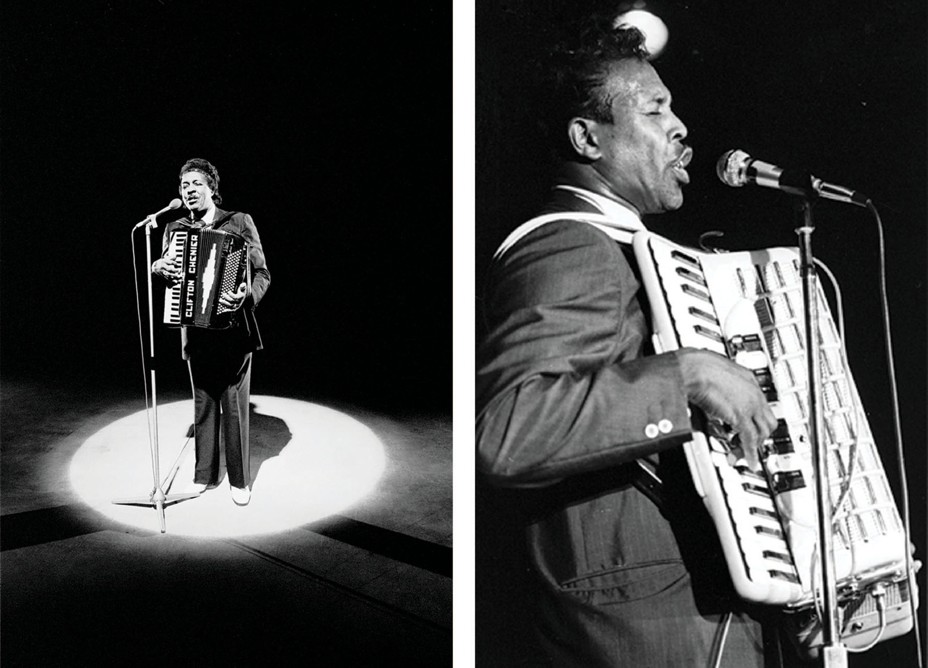 two black-and-white photos: man standing at microphone in spotlight holding accordion and singing; side view of man playing large accordion and singing into mic