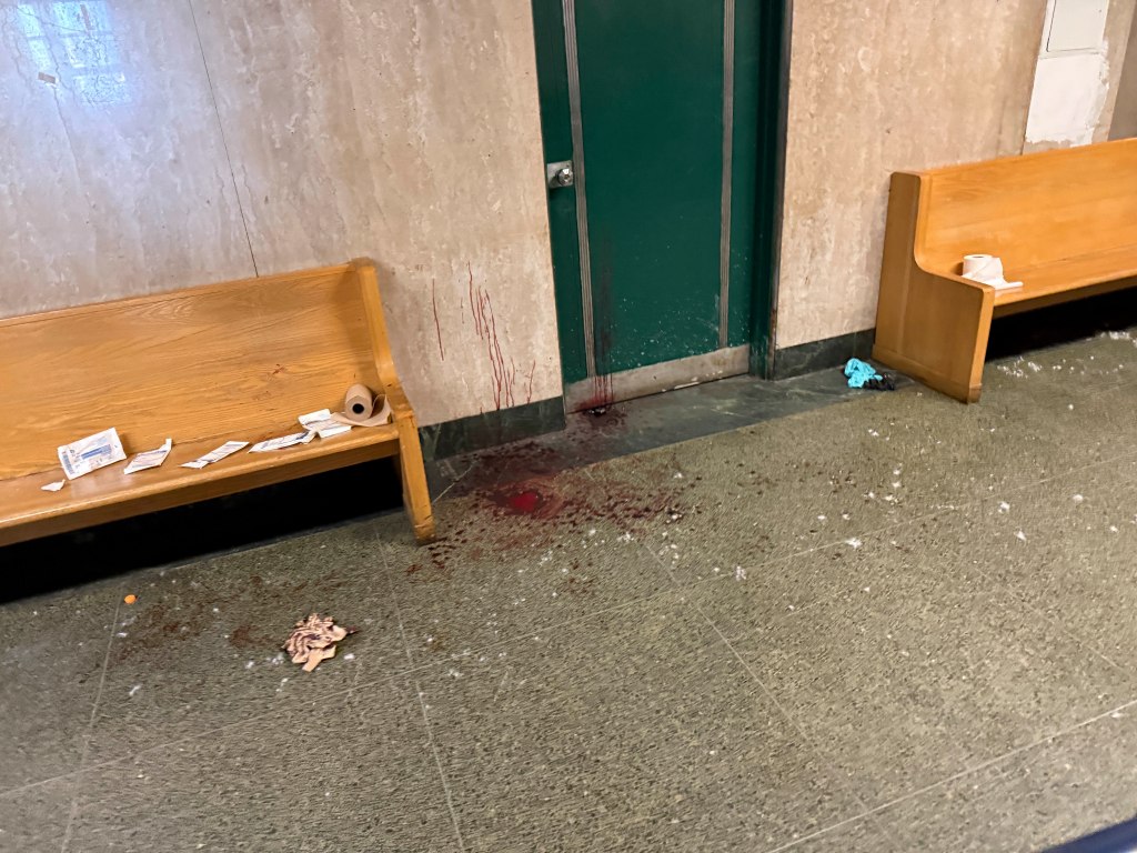 Blood and feathers on the floor of a courthouse hallway after a gang fight.