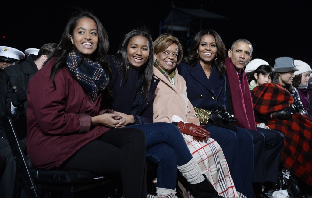 Malia Obama, Sasha Obama, Marian Robinson, Michelle Obama and Barack Obama attend the national Christmas tree lighting ceremony on the Ellipse south of the White House Dec. 3, 2015 in Washington, DC.