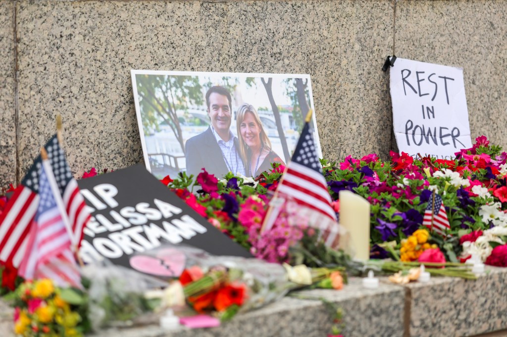 A memorial for the Hortmans seen at the Minnesota State Capitol in St. Paul on June 15, 2025.