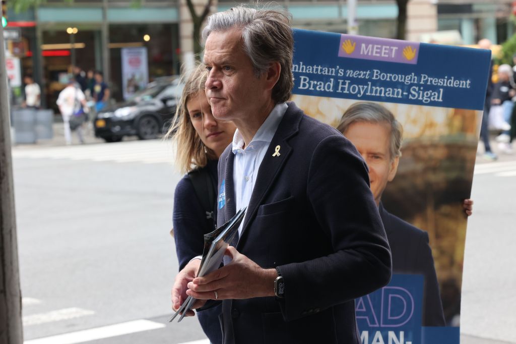 State Sen. Brad Hoylman-Sigal campaigning for Manhattan BP on May 31, 2025.