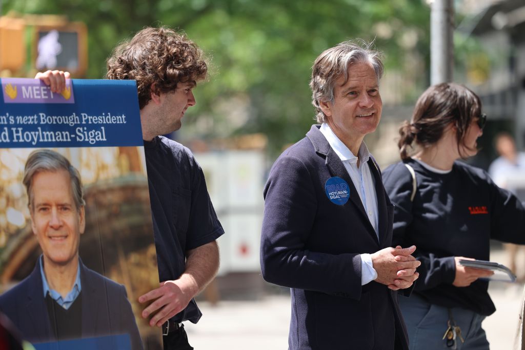 State Sen. Brad Hoylman-Sigal campaigning for Manhattan BP on May 31, 2025.