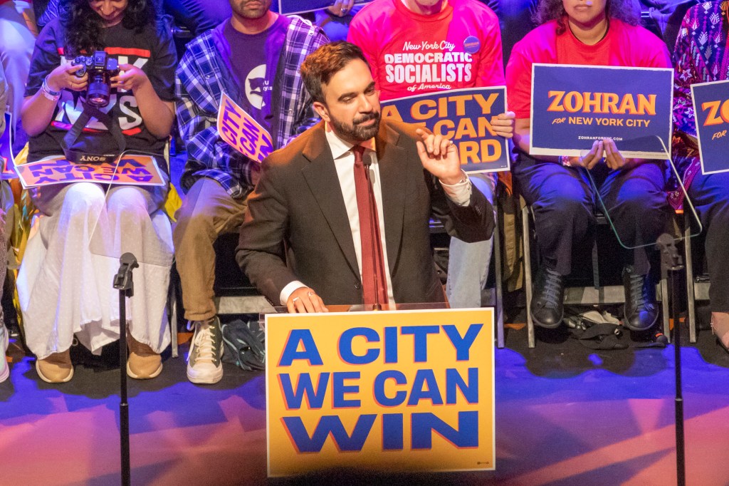 Mamdani speaking at a Manhattan rally that Samuelsen attended on June 14, 2025.