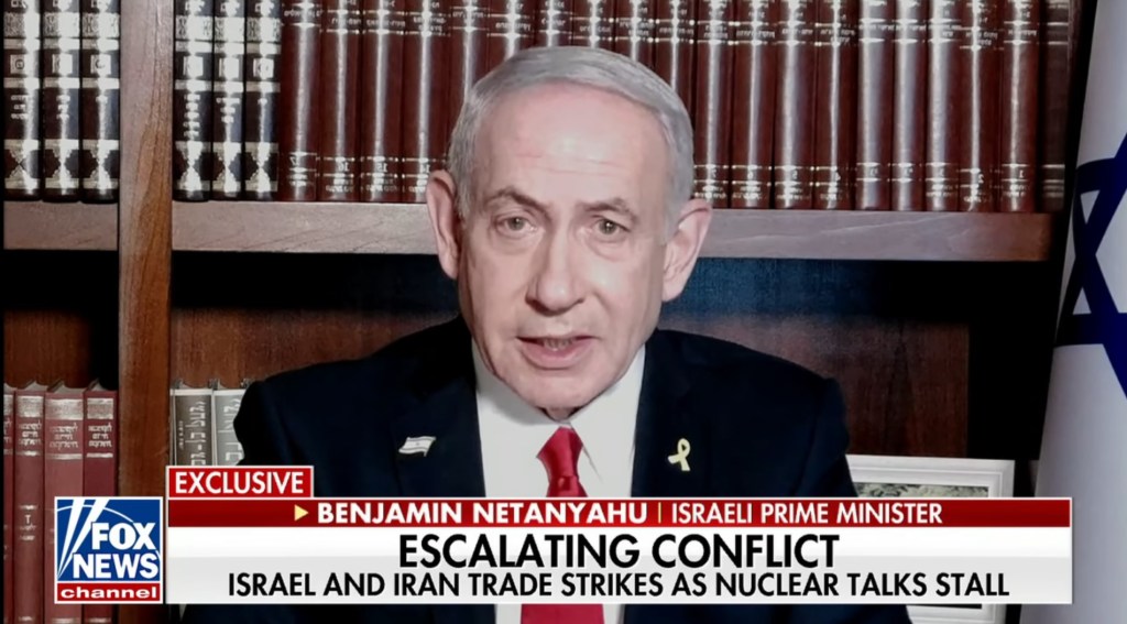 Benjamin Netanyahu in a Fox News interview discussing escalating conflict between Israel and Iran.