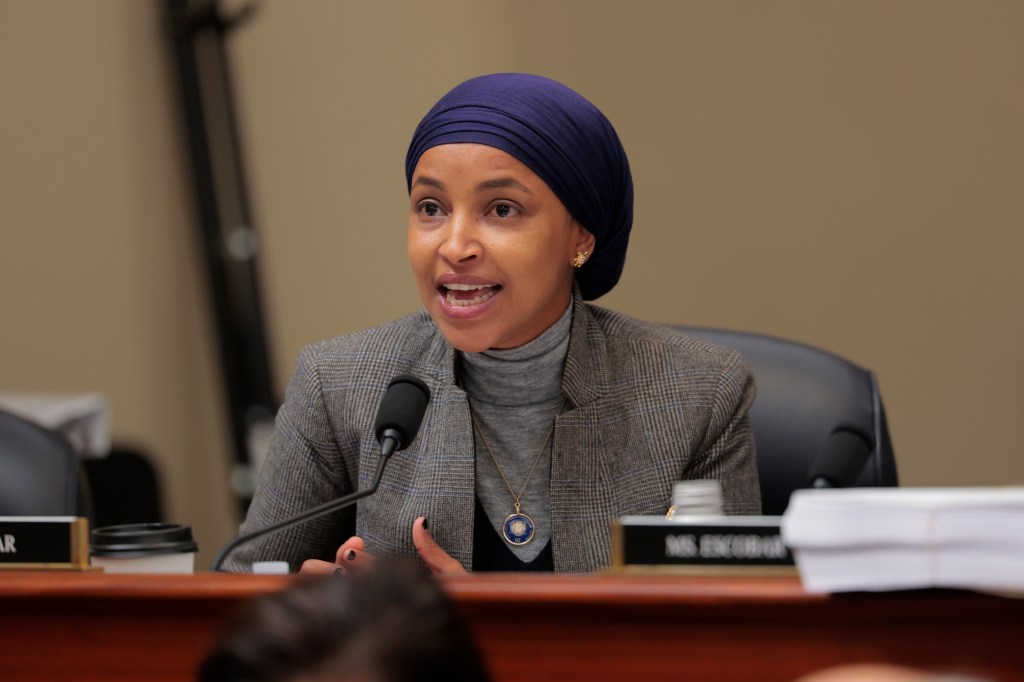 Rep. Ilhan Omar speaking at a House Budget Committee meeting.