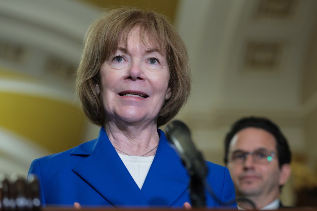 Sen. Tina Smith speaking to reporters.