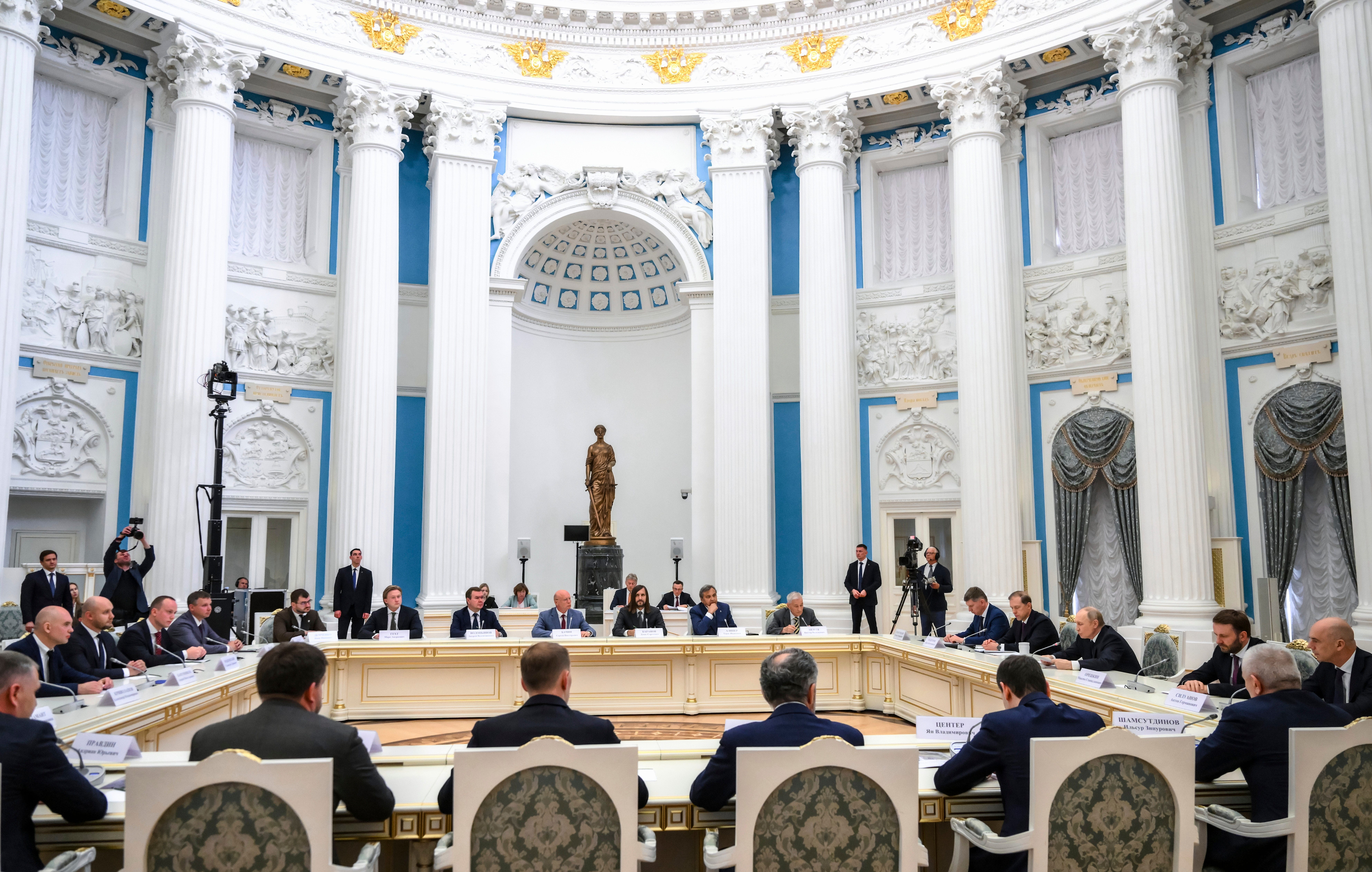 Russian President Vladimir Putin at a meeting with members of Russia's business community at the Kremlin in Moscow on May 26, 2025.