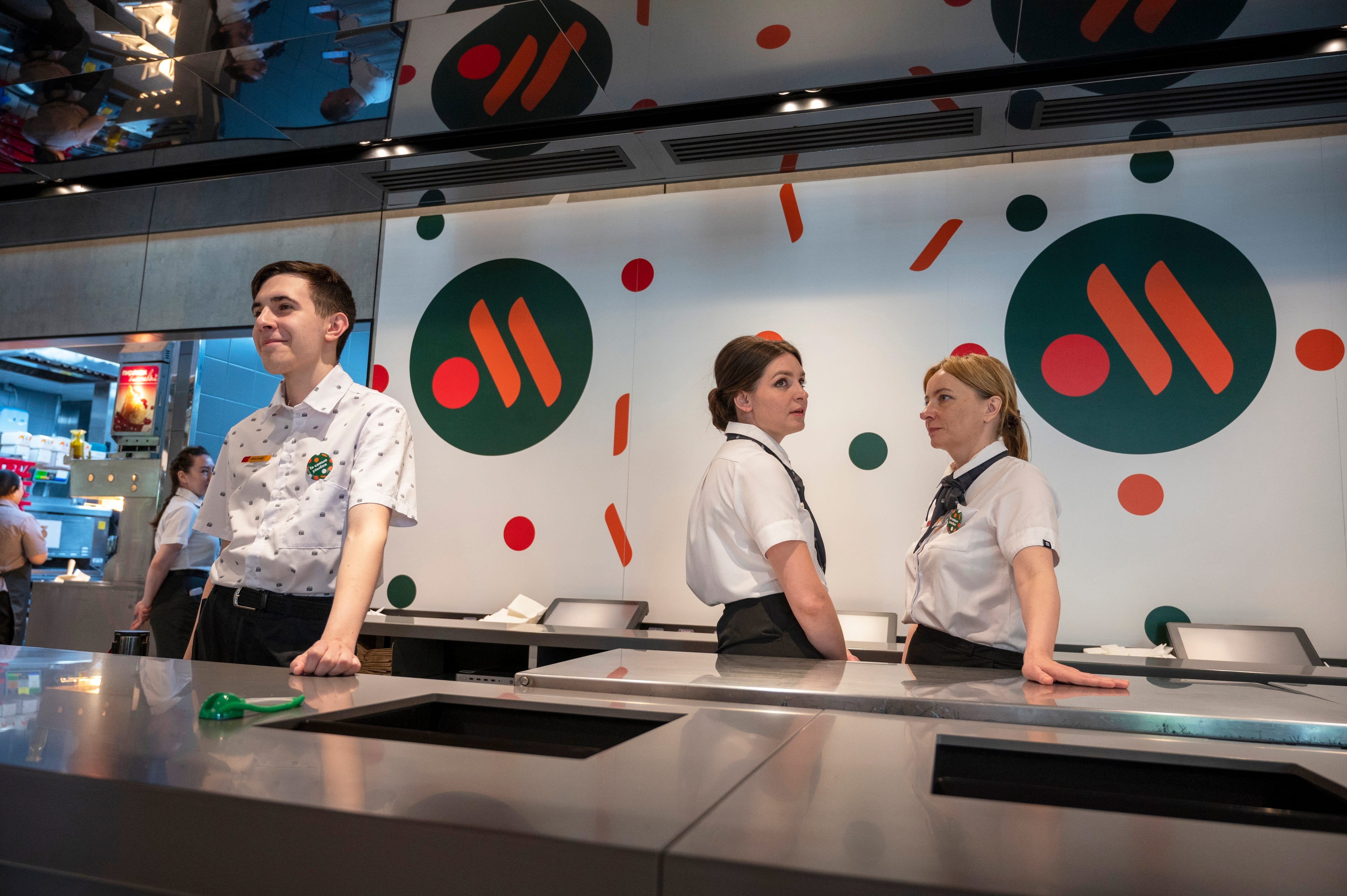 Staff at a newly opened fast food restaurant in a former McDonald's outlet in Bolshaya Bronnaya Street in Moscow on June 12, 2022.