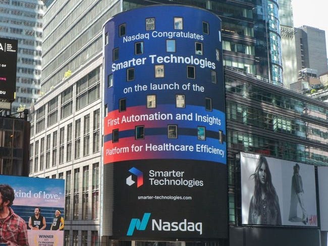 Smarter Technologies' new platform announcement displayed at the Nasdaq in New York, New York, in May 2025.