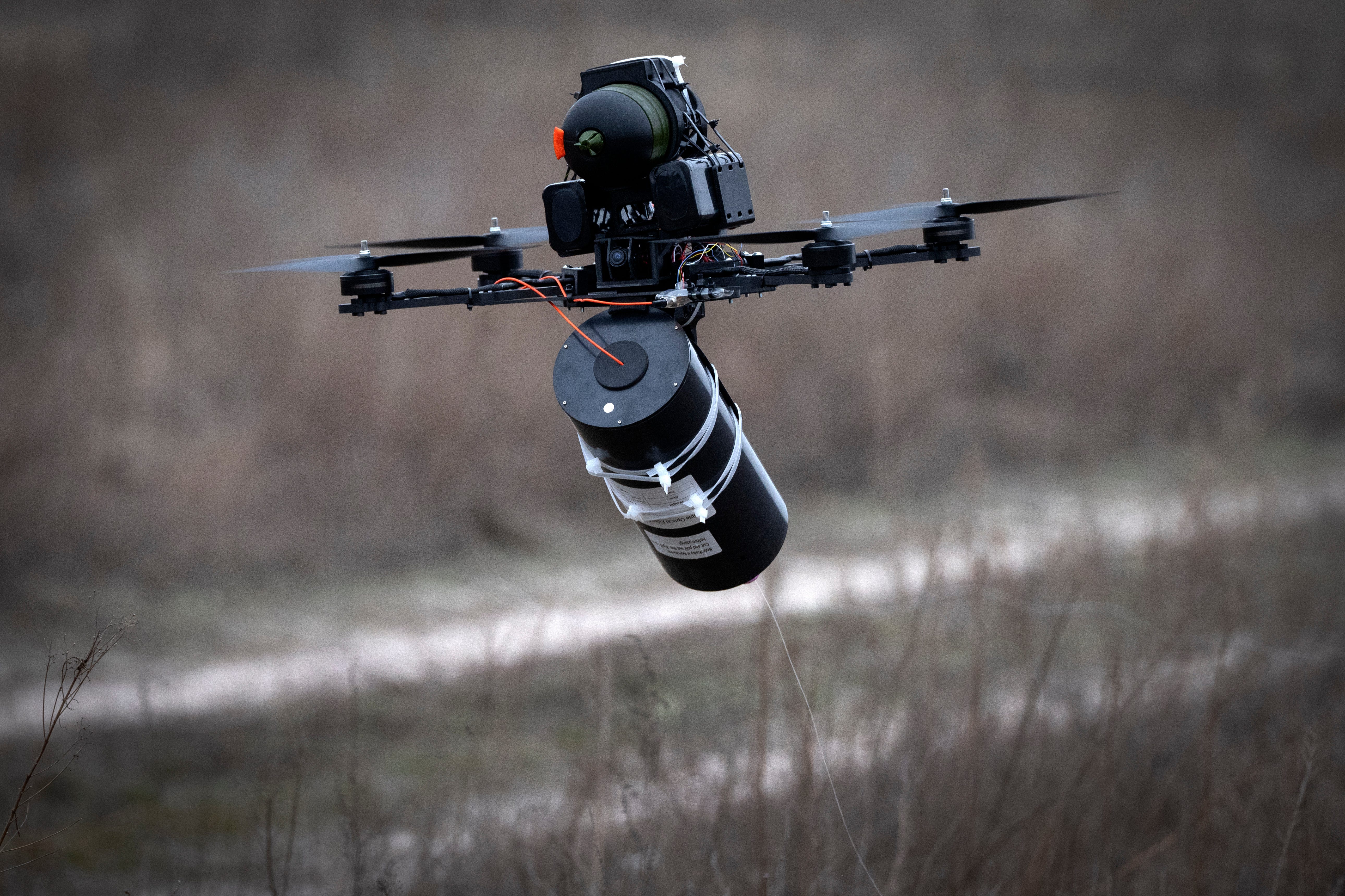 A Ukrainian fiber-optic drone flies at an undisclosed location in the Kyiv region in January 2025.