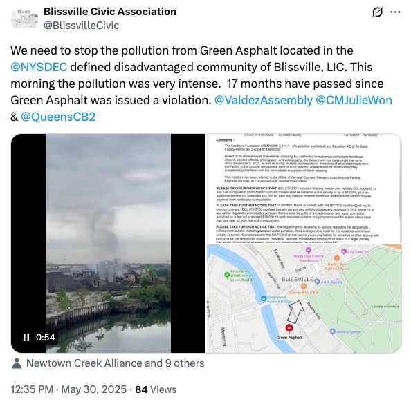 Screenshot of a tweet showing pollution from a recycling plant in Blissville, LIC, and a map highlighting the location.