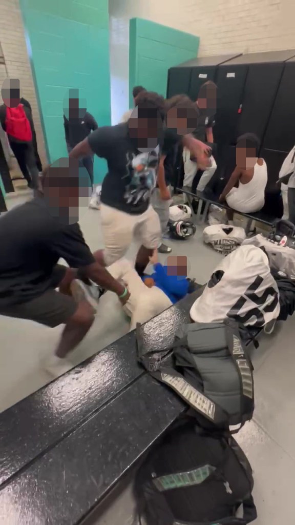 Pixelated image of teens assaulting another teen.