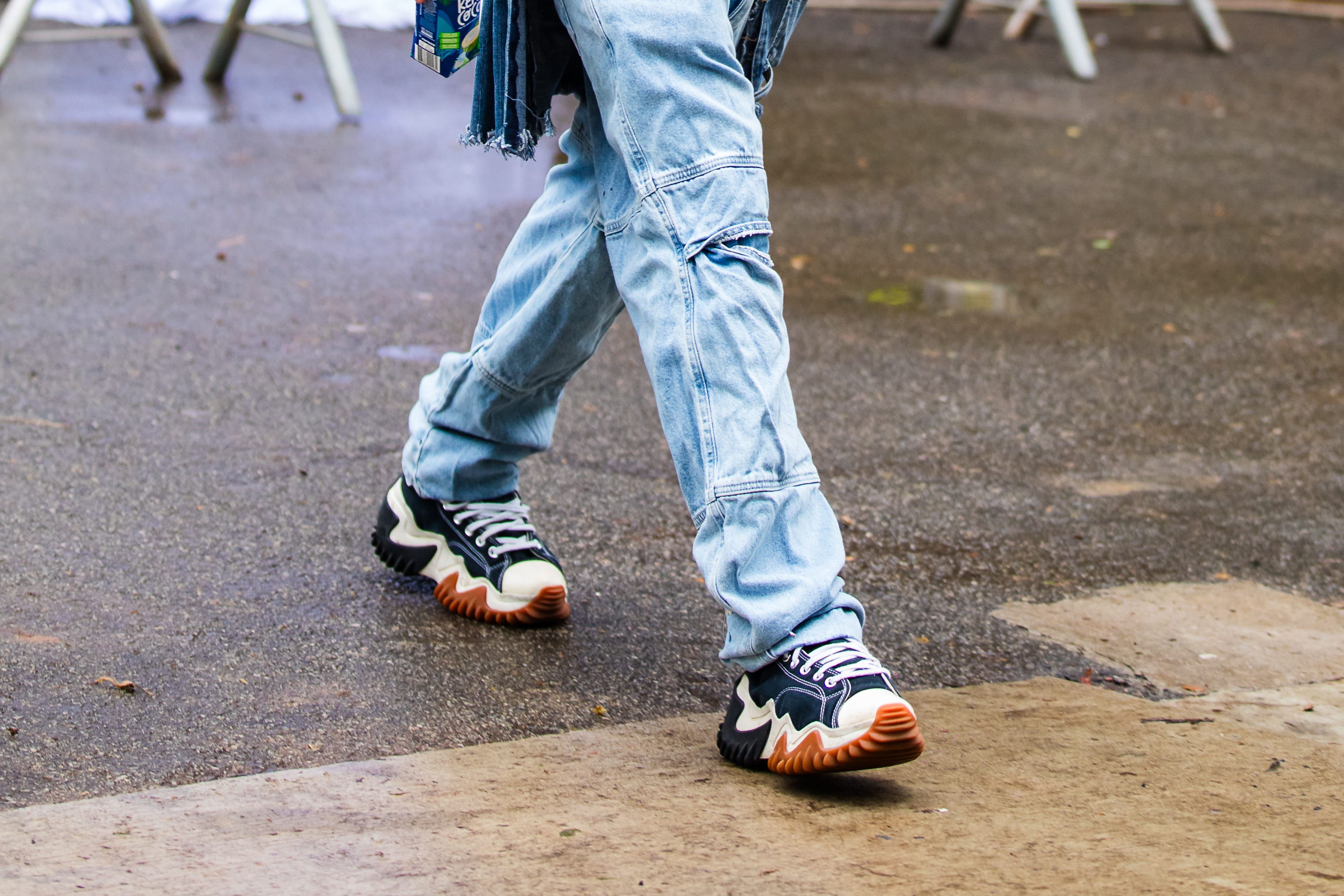 Light-wash jeans with chunky sneakers