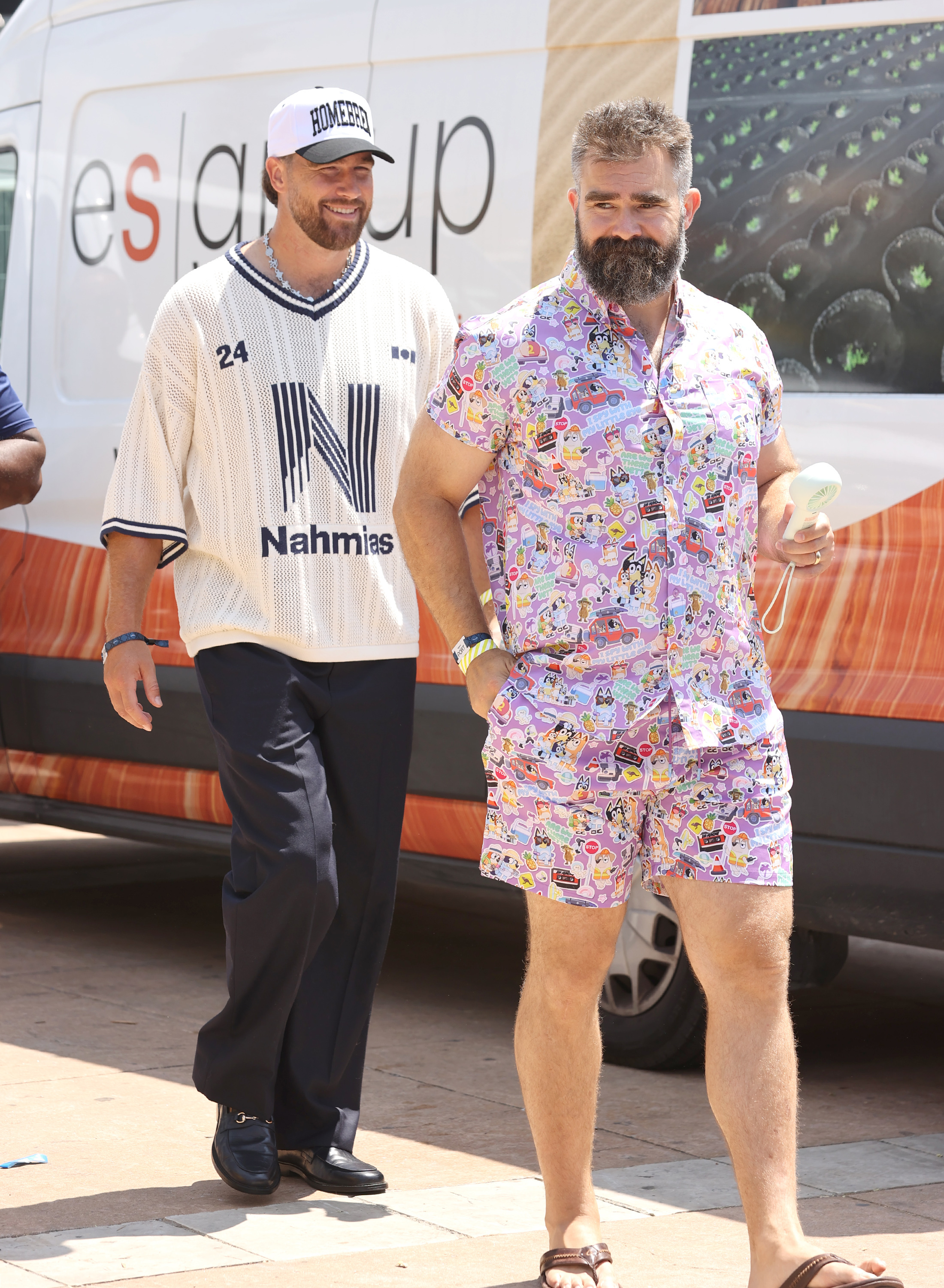 Travis and Jason Kelce show off their unique style while arriving at Cannes Lions Festival in France.