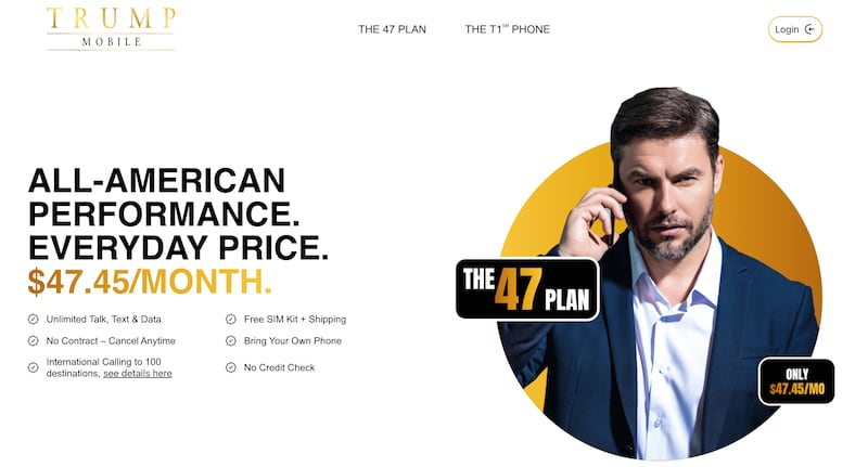 Trump Mobile’s website homepage on Monday morning. The service states that it will not require a contract and that its customer support will be based in the United States.