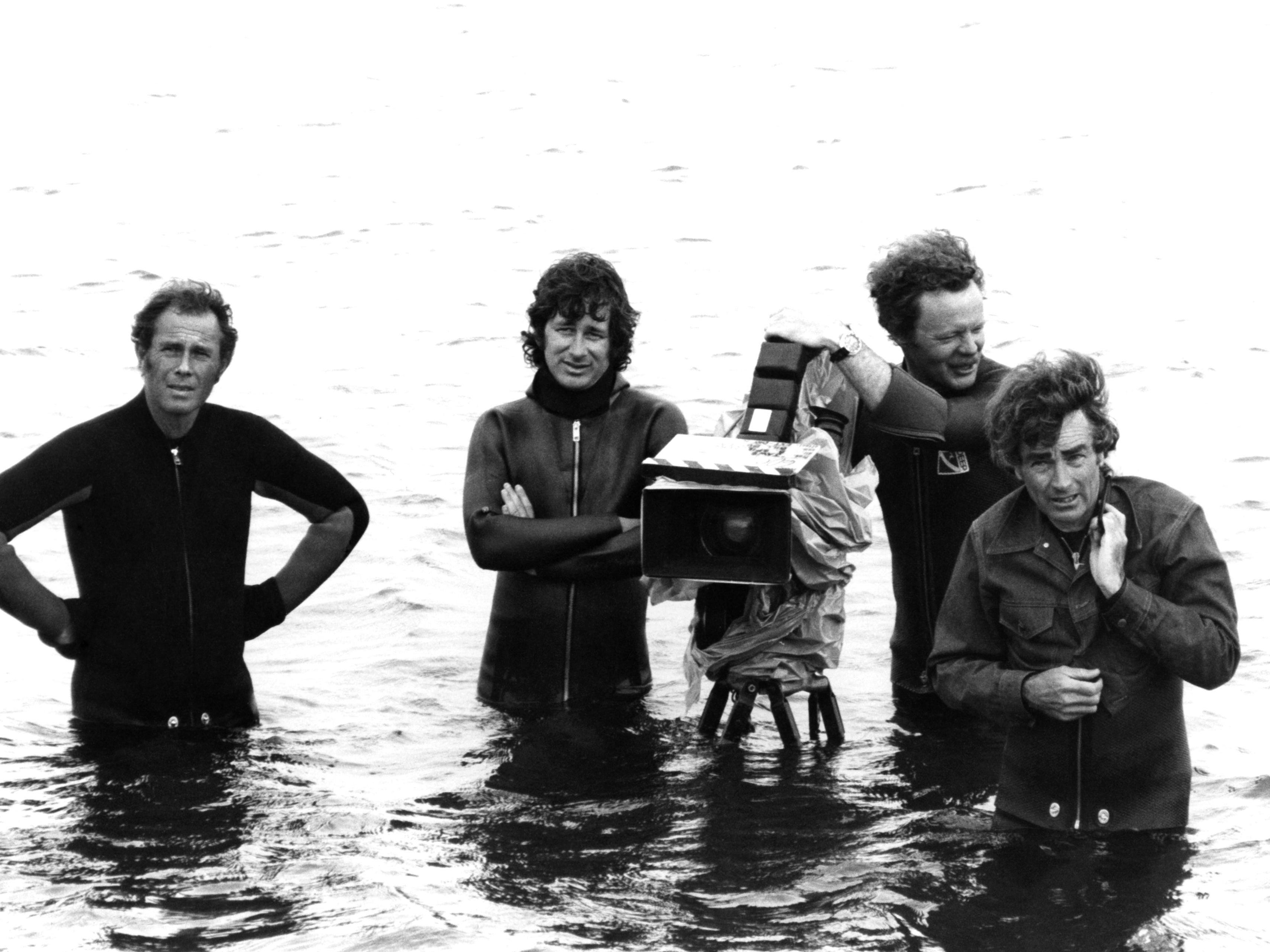 Director Steven Spielberg, camera operator Michael Chapman and cinematographer Bill Butler on the set of the Universal Pictures production of 'Jaws' in 1975