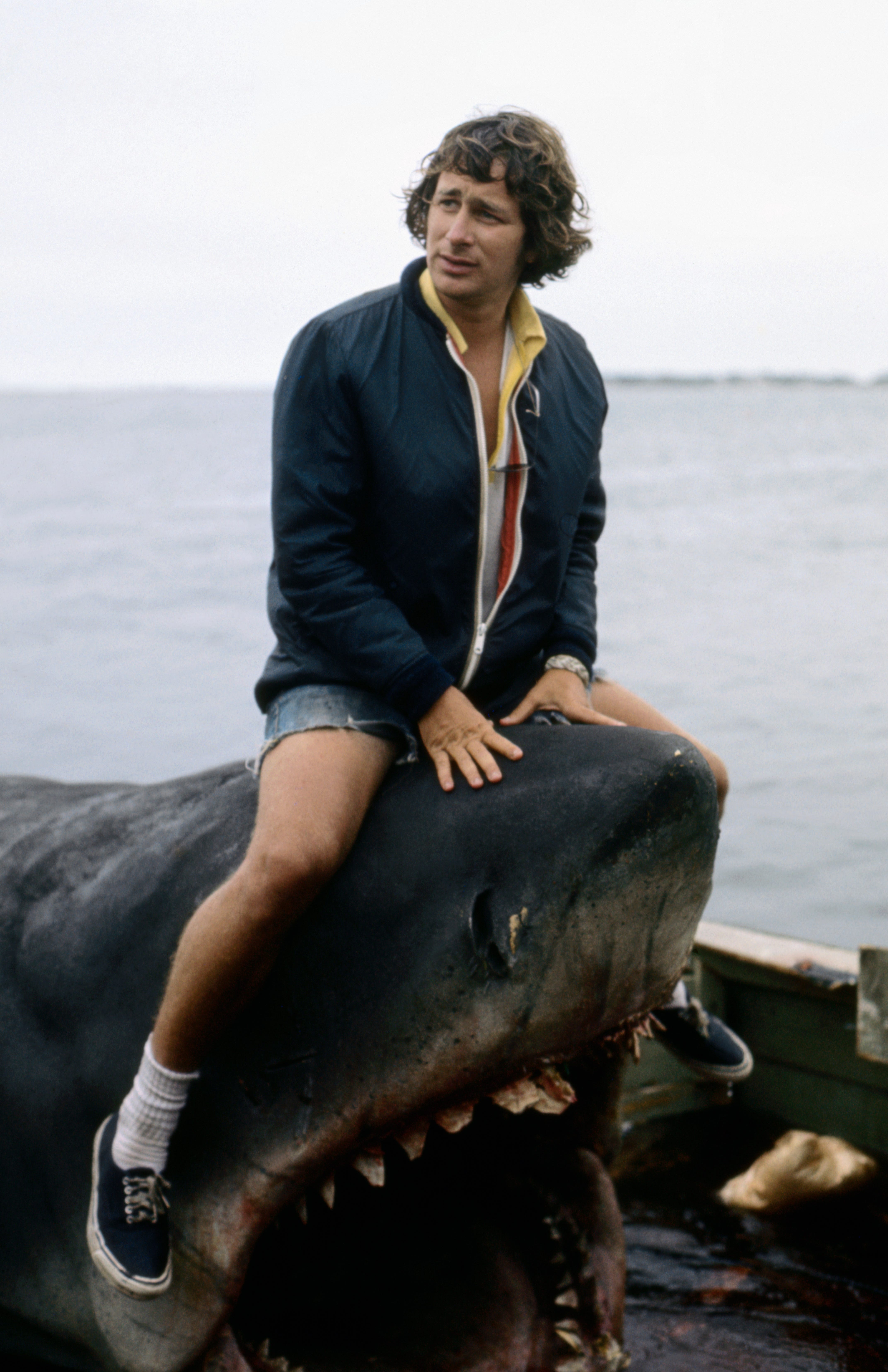 American director Steven Spielberg on the set of his movie, Jaws