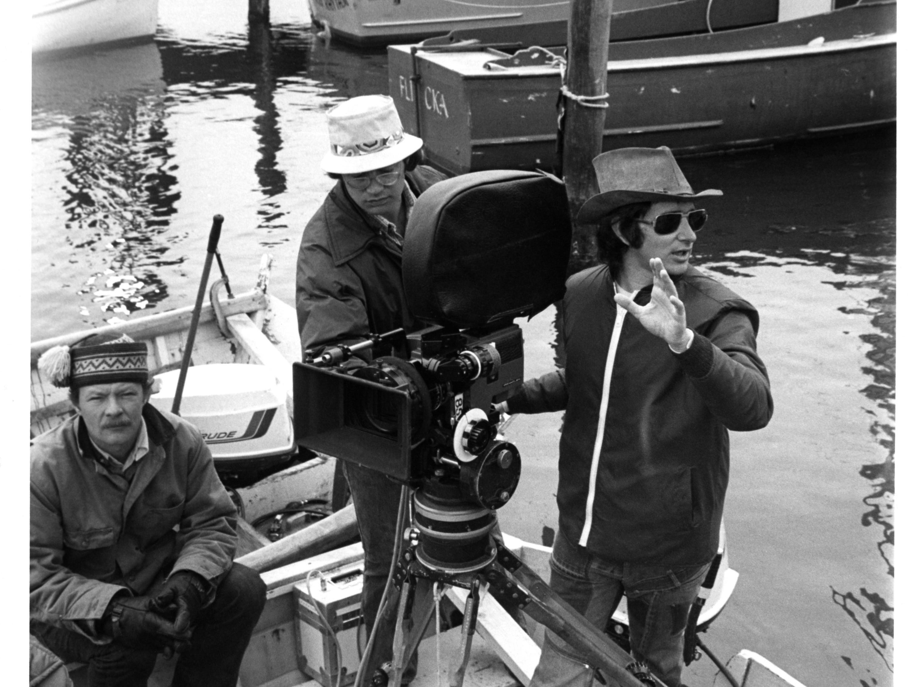 Director Steven Spielberg and camera crew on the set of the Universal Pictures production of 'Jaws' in 1975 in Martha's Vineyard, Massachusetts.