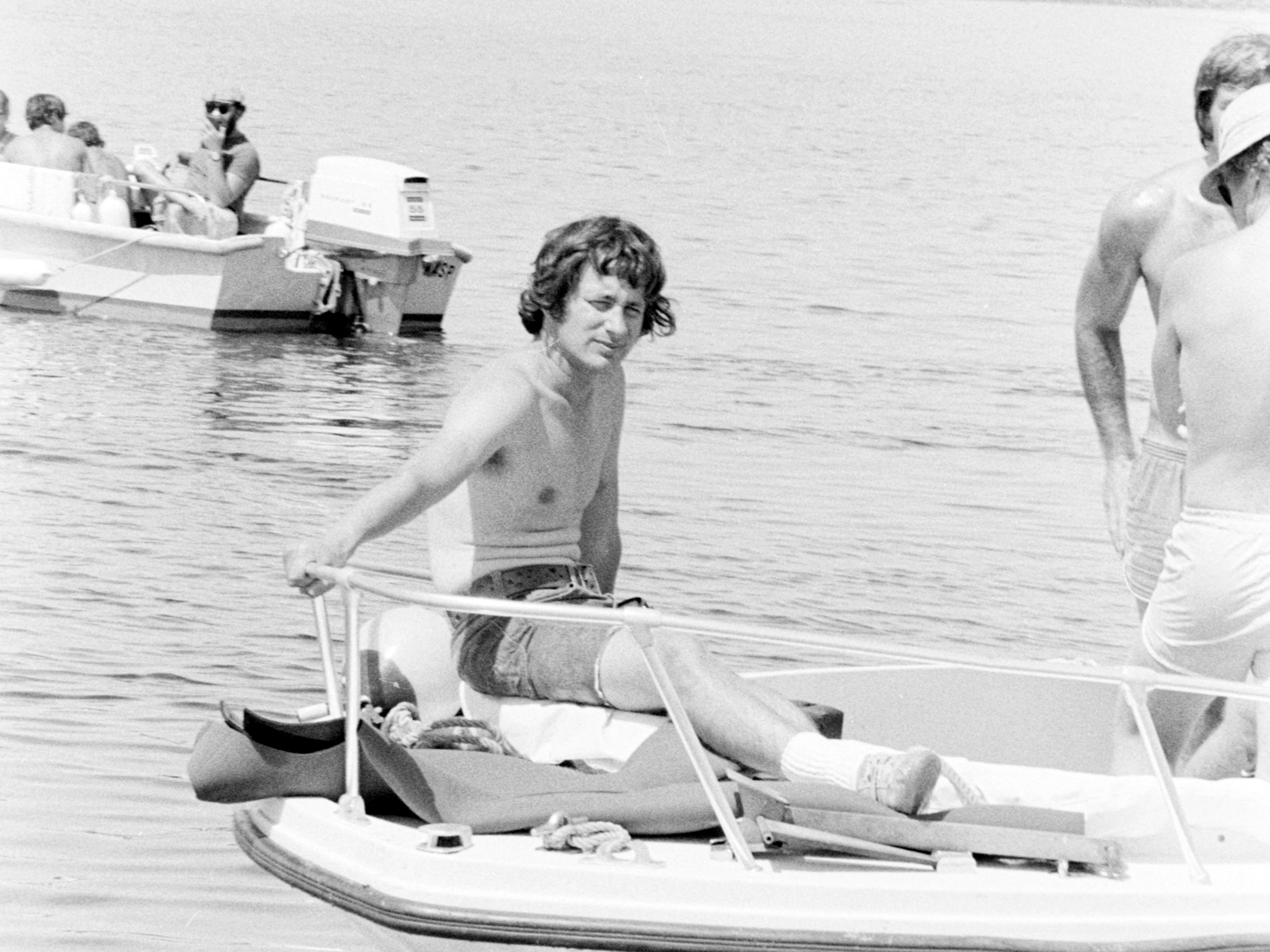 Steven Spielberg (C) awaits filming during production of 