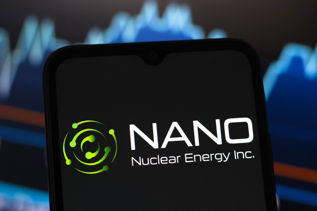 Smartphone displaying the Nano Nuclear Energy Inc. logo.