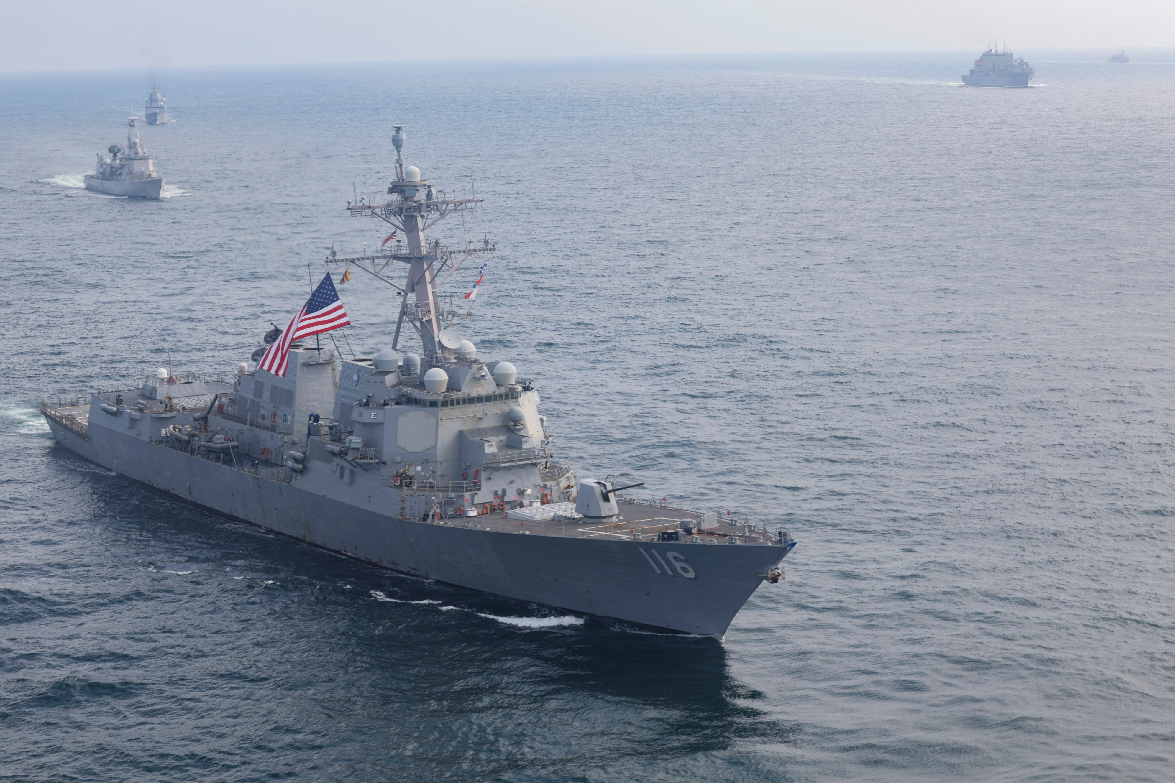 The Arleigh Burke class guided-missile destroyer USS Thomas Hudner (DDG 116) maneuvers alongside allied nations of NATO during exercise At-Sea Demonstration (ASD) / Formidable Shield (FS) 2025.