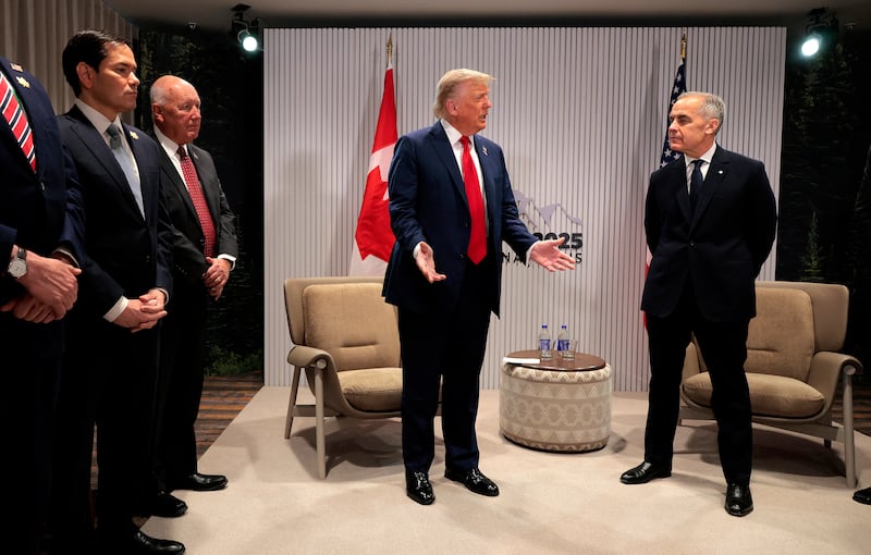 President Donald Trump and Canadian Prime Minister Mark Carney hold a bilateral meeting during the G7 Leaders' Summit on June 16, 2025 in Kananaskis, Alberta.