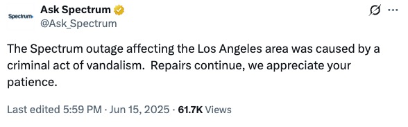 Screenshot of a Spectrum tweet stating that the Los Angeles service outage was caused by vandalism.