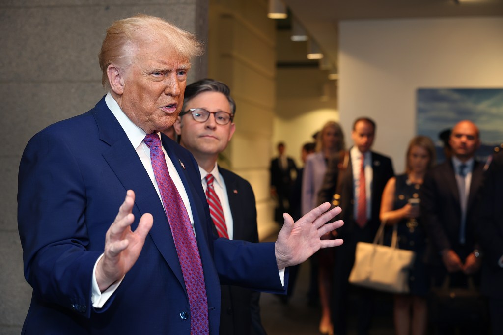 President Trump speaking at a GOP House Caucus meeting.