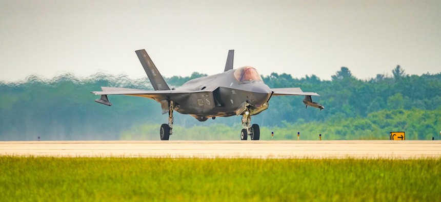 F-35 Lightning II jet taxis on the runway at Volk Field ANGB, Wisconsin, during Sentry North 2025.