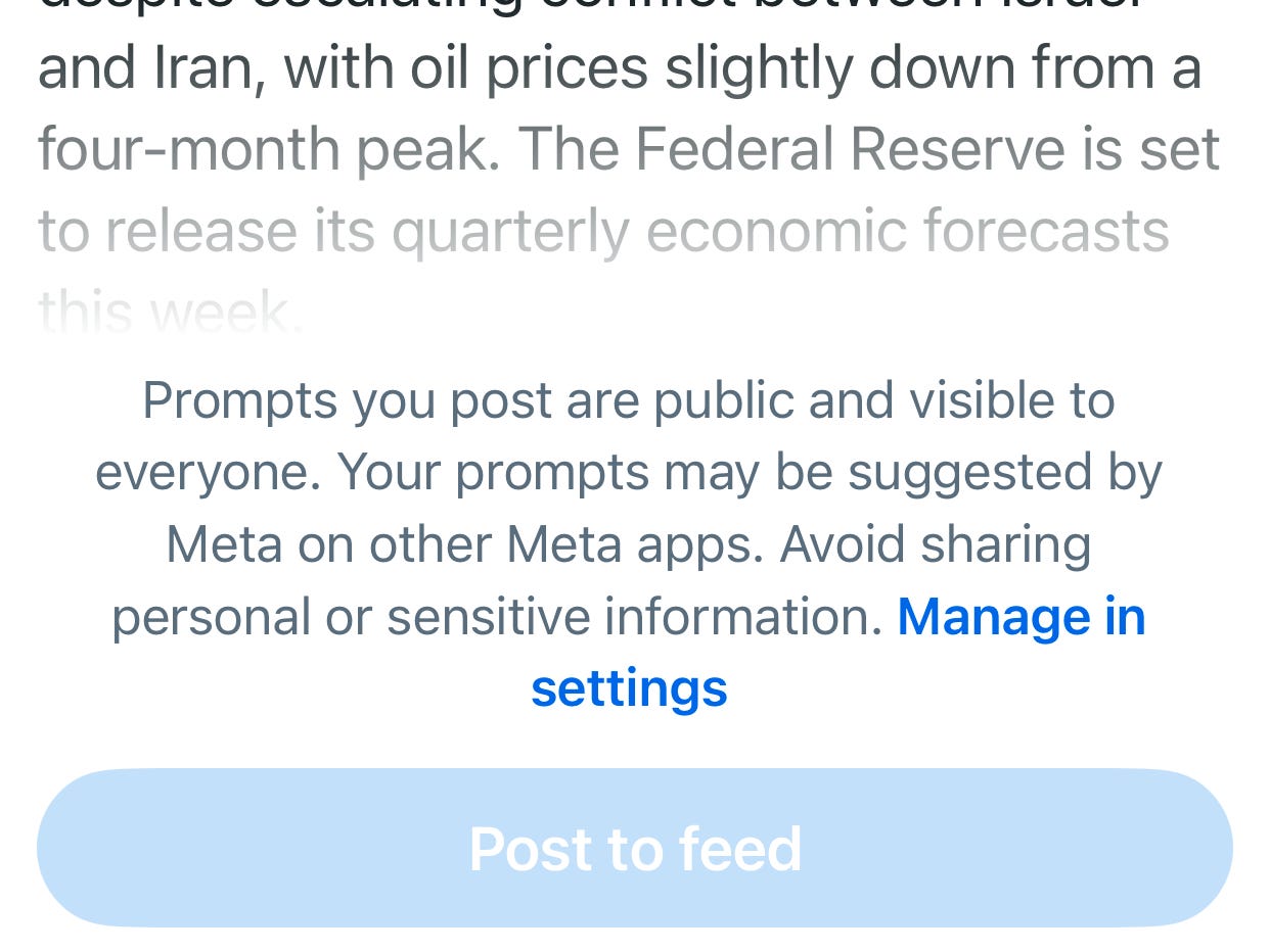 Meta AI gives a business news update with a warning about posting publically
