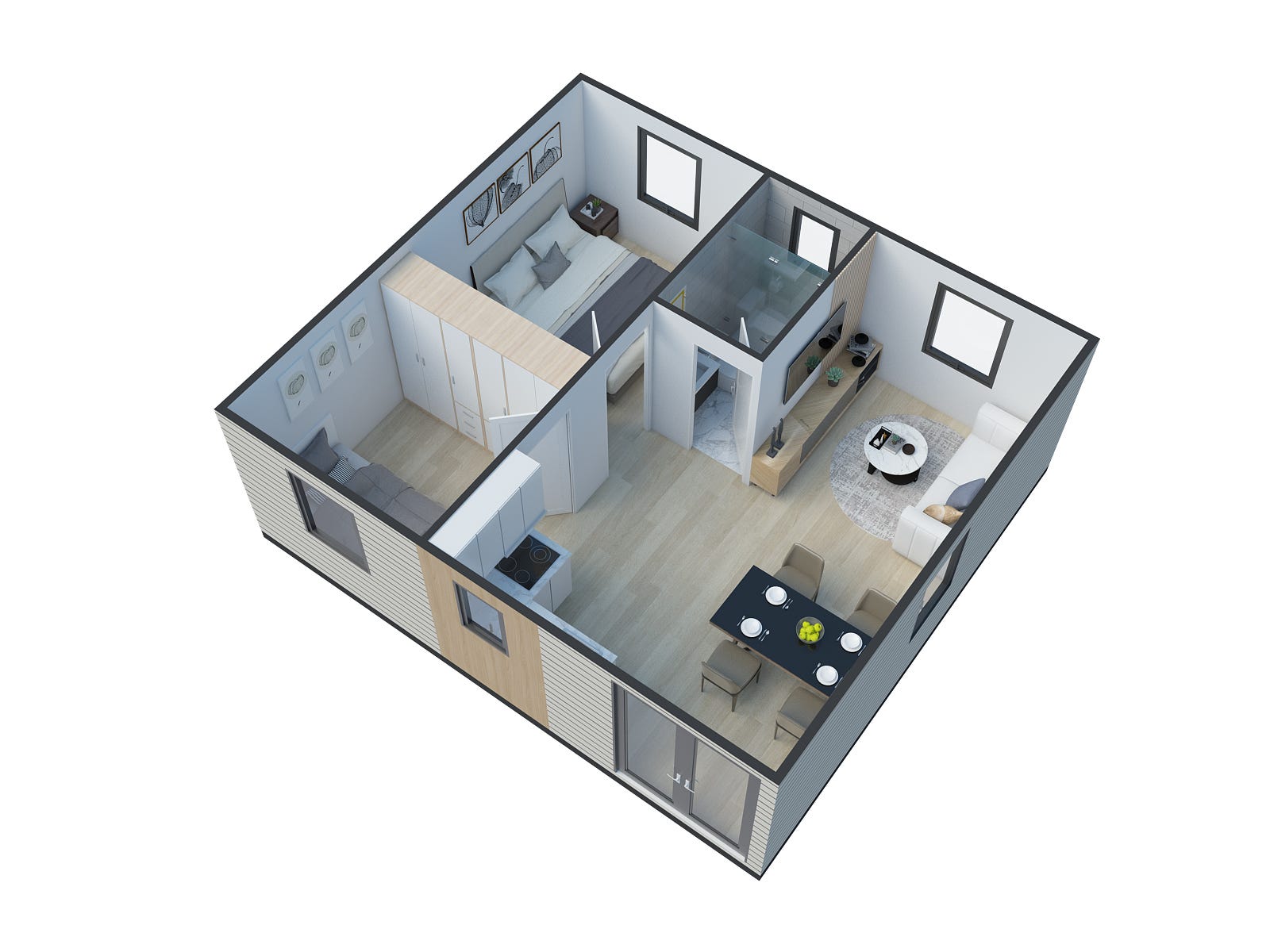 a rendering of the inside of Hapi Home's one bedroom Glenfesk model