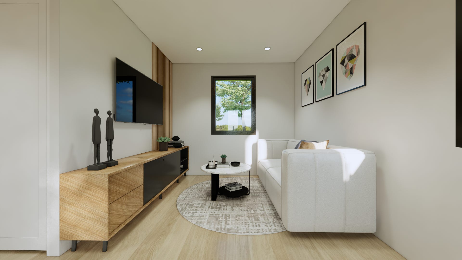 A living room in a furnished Hapi Home, there is a white couch, a wood mod table under a flat screen tv, painings on the walls, a gray rug and a coffee table.